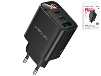 Зарядний пристрій Borofone BA98A, 2×USB-C+USB, PD/QC 30W, Led-дисплей, 83×45×28мм, чорний