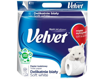 Бумага туалетная Velvet, трехслойная, 4 рулона, 150 отрывов, целлюлоза, 18,3м, цвет белый