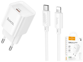 Сетевое зарядное устройство Hoco C146A 1USB-C PD/QC 20W+Type-C to Lightning, цвет белый