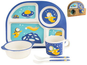 Набор детской бамбуковой посуды 5 предметов Stenson Космос (2 тарелки, вилка, ложка, чашка)