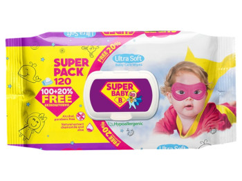 Серветки вологі дитячі Super Baby Sensetive, з ромашкою та алое, з клапаном, 120шт