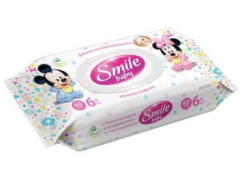 Вологі серветки дитячі Smile baby "Antibacterial" c клапаном 60шт