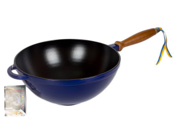Каструля чавунна WOK емал. глянц. з дерев'яною ручкою 26x12см 3.5л синя 02040
