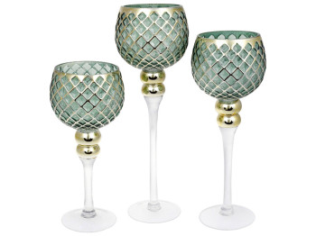 Набор стеклянных подсвечников, 30/35/40см (цена за набор 3шт) цвет - зеленый с с золотым узором