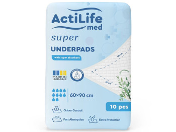Пелёнки гигиенические ActiLife Med Super, одноразовые, нетканый материал, целлюлоза, 60×90см, 10шт
