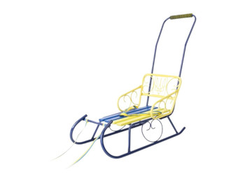 Санки детские со спинкой Смерека Патриот синие-желтые, ручка, цветное сиденье, Vitan