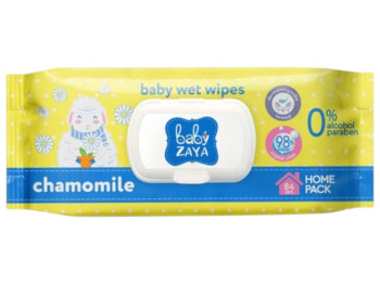 Салфетки влажные детские Baby Zaya, для новорожденных, с ромашкой, без спирта, с клапаном, 84шт