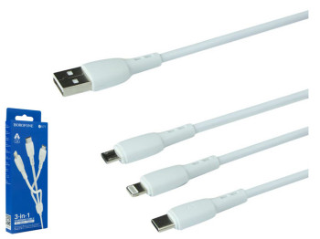 Кабель USB Borofone BX71 3-in-1 IP+Type-C+Micro, Бiлий