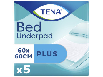 Пелёнки одноразовые Tena Bed Plus, многослойные, защита от протеканий, целлюлоза, 60×60см, 5шт