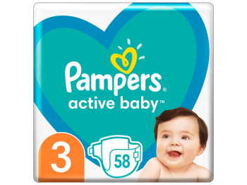Подгузники одноразовые Pampers Active Baby, размер 3 Midi, 6–10кг, 58шт
