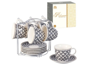 Сервіз S&T Роберта, 240 мл, блюдце 14 см, на підставці, порцеляна, чорно-білий візерунок