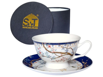 Набір чашка з блюдцем S&T Shepard, 200 мл, 15 см, колір синій з малюнком гілок та птахів