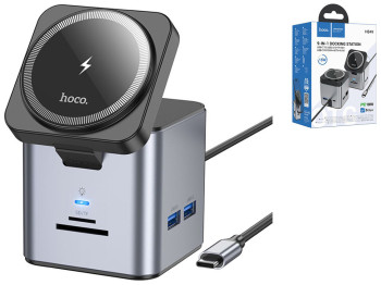 USB Hub Hoco HB49 Type-C to HDTV+PD100W+USB3.0*3+SD+TF+RJ45(1Gbps)+Wireless 15W Цвет Серый