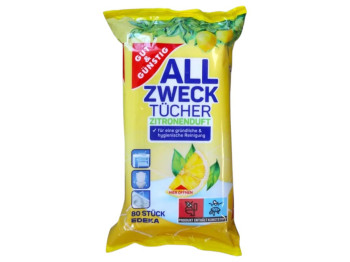 Серветки вологі для прибирання Edeka, універсальні, без спирту, аромат лимону, 80шт