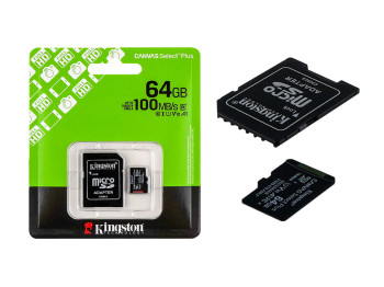 Карта Памяти Kingston Canvas Select Plus Gen3 microSDXC (UHS-1) 64gb 10 Class & Adapter Черный