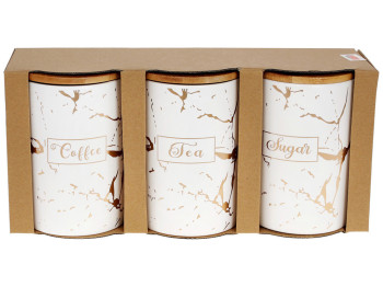 Набір (3шт) керамічних банок з бамбуковими кришками Sugar, Tea, Coffee, 650мл, білий матовий із золо