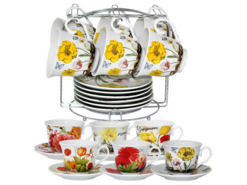 Сервиз чайный на стойке Цветы 12 предметов (чашка 200мл, блюдце 13,5см)