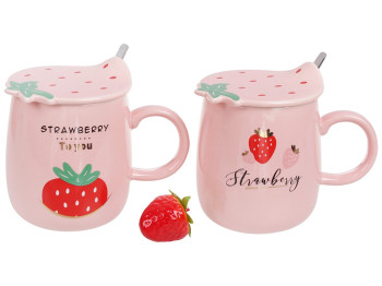 Чашка Клубнички, с фигурной крышкой и ложкой, 420мл, 2 дизайна, цвет - розовый