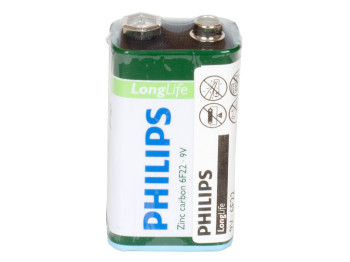 Батарейка солевая Philips "Long Life" 1604 6F22 9V (цена за спайку 1шт)