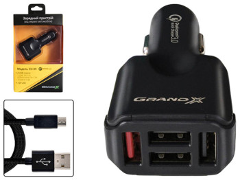 Зарядное устройство Grand-X CH-09BM Quick Charge QС3.0 1xUSB, 3xUSB 5В 4,8A+cable FM01BB micro-USB