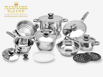 Набор посуды "MAXMARK DE LUXE" нерж.ст. в подарочной упаковке (цена за набор 16предметов)