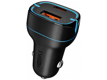 Автомобильное зарядное устройство Yoki Led Series, USB-A,  Type-C, 20W, Черный