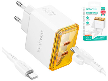 Зарядний пристрій Borofone BAS33A, 2×USB-C, PD/QC 45W, Type-C to Type-C, колір білий