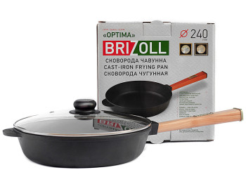 Сковорода чугунная Brizoll "Optima" стеклянная крышка, съемная ручка D24см, 46,4х25х11,5см О2460-Р-С