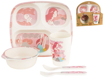Набор детской бамбуковой посуды 5 предметов Stenson Русалка (2 тарелки, вилка, ложка, чашка)