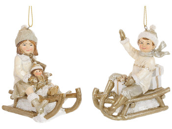 Декоративная подвеска Детки на санках, 10x5,5x10,5см, 2 дизайна, цвет - кремовый с шампанью