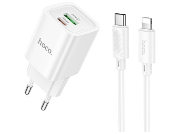 Зарядний пристрій Hoco C149A, 1USB, 1USB-C, 30Вт, PD/QC 3.0, Type-C to Lightning, білий