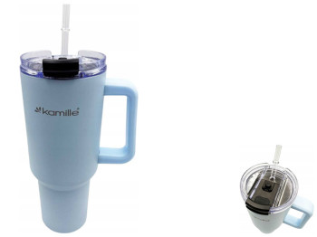 Термокружка Kamille, з нержавіючої сталі з трубочкою, колір - блакитний, 1,2л