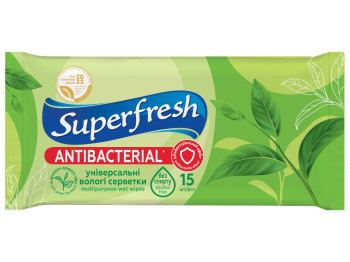 Салфетки антибактериальные Superfresh с экстрактом зеленого чая, без спирта, 5,5×14,5×1,5см, 15шт