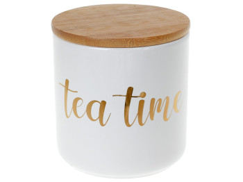 Банка керамическая с бамбуковой крышкой Tea Time, 550мл, цвет - белый с золотом