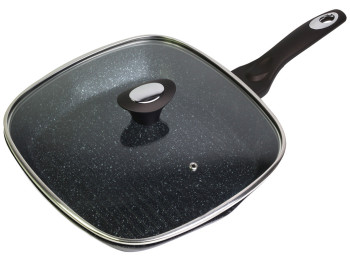 Сковорода-гриль Kamille з алюмінію з антипригарним покриттям Black marble з кришкою D28см