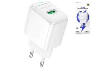 Зарядний пристрій Borofone BAS42A 1USB QC3.0 18W, 90×40×200мм, колір білий