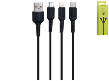 Кабель USB Borofone BX16 3-in-1 Easy IP+Micro+Type-C, Чорний