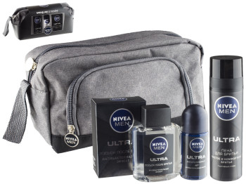 Набір подарунковий Nivea men "Ultra" (піна д/г 200мл, лосьйон п/г 100мл,дезодорант 50мл, косметичка)