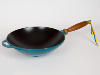Сковорода чугунная WOK эмал. глянц. с деревянной ручкой 26x8см зеленая 05006