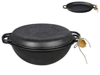 Казан узбекский WOK с крышкой-сковородой Maysternya, чугун, 8л, цвет черный