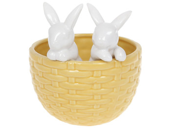 Кашпо Кролики в корзине, 15см, цвет - желтый с белым