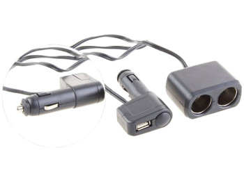 Розгалужувач прикурювача WF-0097A (2 виходи+1 USB 500мА, провід, запобіжник, кабель) чорний