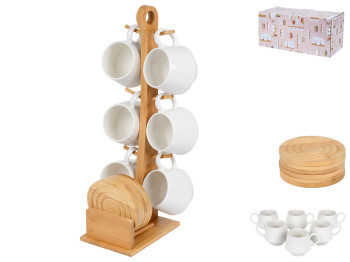 Сервіз чайний на бамбуковій підставці, порцеляна, 180мл, колір білий (ціна за набір 13пр)