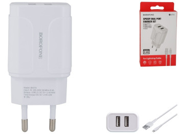 Мережевий Зарядний Пристрій Borofone BA37A Lightning 2USB 2.4A Колір Білий