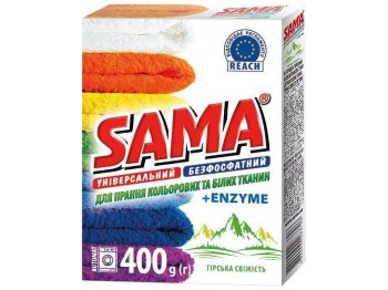 Порошок пральний безфосфатний для прання кольор. і біл. тканин Гірська Свіжість Sama, 400г, автомат