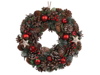 Венок новогодний с декором из шишек, шаров, и ягод, D34см, цвет - бордо