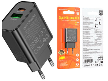 Зарядний пристрій Borofone BA88A, 1USB-C+1USB, PD/QC 3.0, 20Вт, колір чорний
