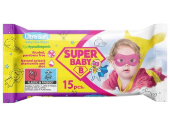 Салфетки детские Super Baby, с экстрактом ромашки и алоэ вера, без спирта, 15шт