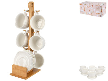 Сервіз чайний на бамбуковій підставці, фарфор, 180мл, колір білий (ціна за набір 13пр)