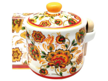 Банка для меда с деревянной ложкой Цветочная роспись керамическая 10х10х8,5см, 420мл